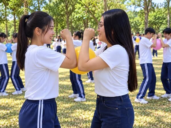 左顧右盼團康遊戲：雙手手臂及手肘夾住氣球傳遞