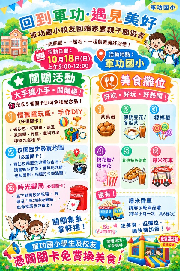 充滿歡樂與好康的假日親子活動：軍功國小自行設計之海報